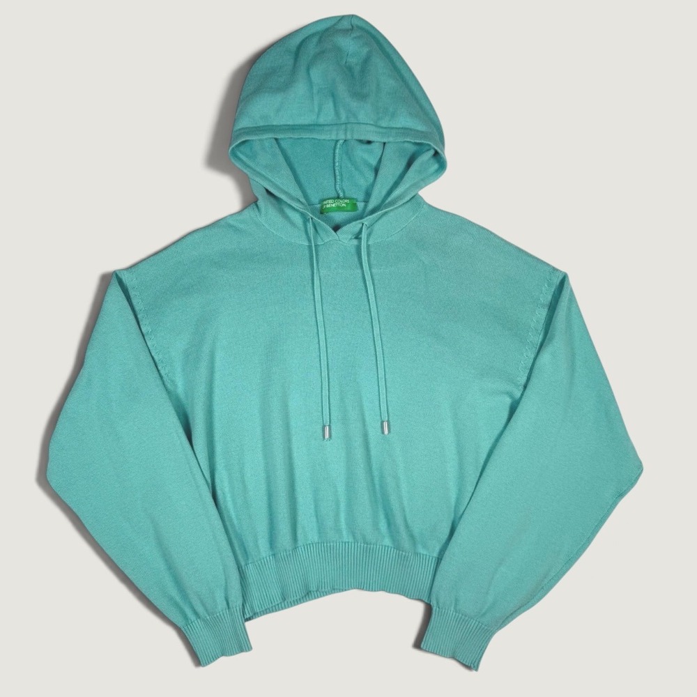 United Colors of Benetton Teal Knit Hoodie Cropped Pullover Sweater Turquoise